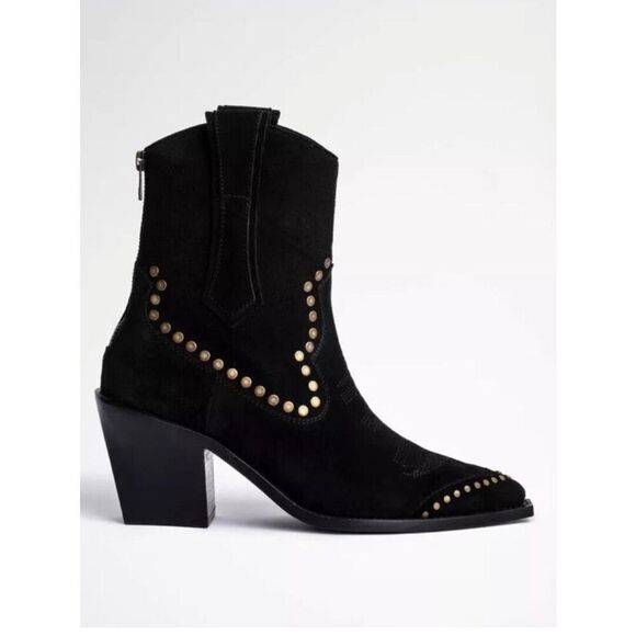 Zadig and Zoltaire Cara Suede Studded Zip Back Western Boots Size 8, Black NIB - Picture 1 of 14